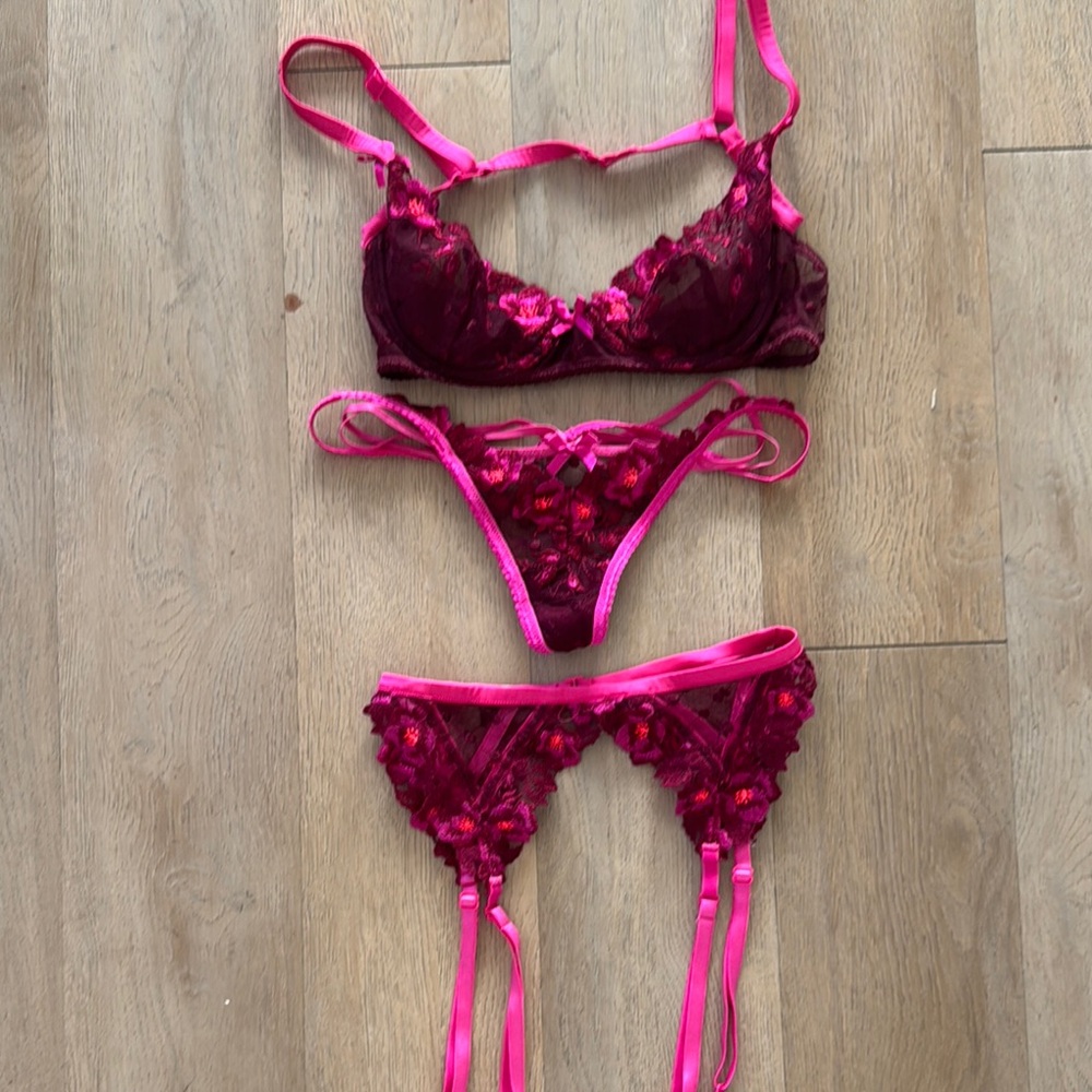 For Love & Lemons Pink and Red Lace Lingerie Set